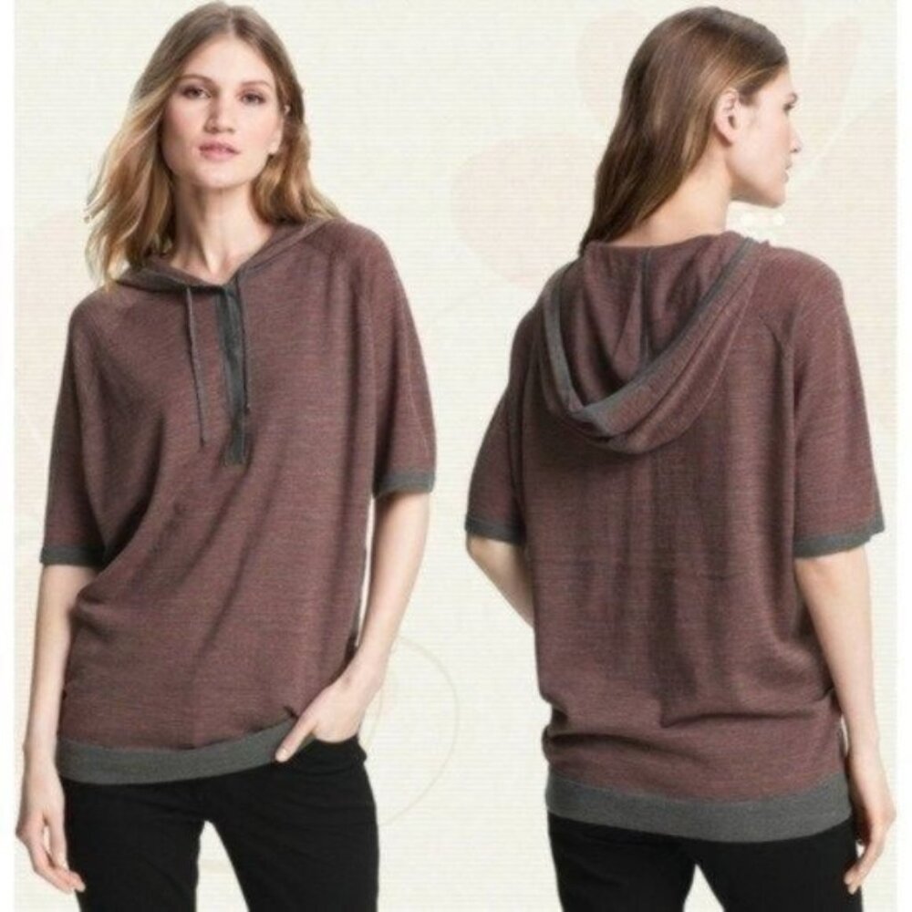 Eileen Fisher Hooded Fine Merino Stripes Raglan Sleeve Wedge Sweater S Small